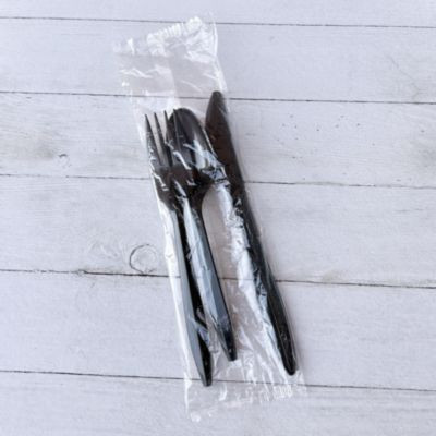 Three-Piece Polypropylene Cutlery Kit, Mediumweight, Fork/Knife/Spoon, Plastic, Black, 250/Carton