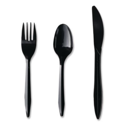 Three-Piece Polypropylene Cutlery Kit, Mediumweight, Fork/Knife/Spoon, Plastic, Black, 250/Carton