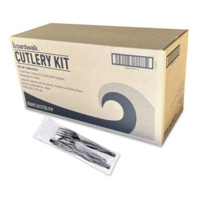 Three-Piece Polypropylene Cutlery Kit, Mediumweight, Fork/Knife/Spoon, Plastic, Black, 250/Carton