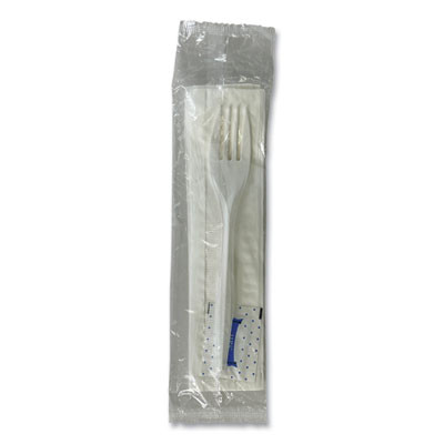 Three-Piece Utensil Set, Fork/Napkin/Salt, Plastic, White, 500/Carton