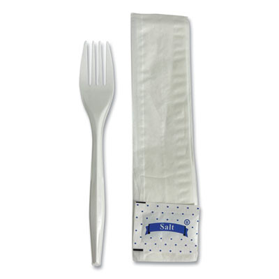 Three-Piece Utensil Set, Fork/Napkin/Salt, Plastic, White, 500/Carton