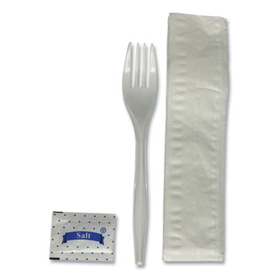 Three-Piece Utensil Set, Fork/Napkin/Salt, Plastic, White, 500/Carton