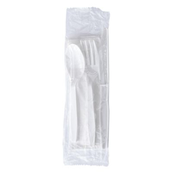 Four-Piece Polystyrene Cutlery Kit, Mediumweight, Fork/Knife/Napkin/Spoon, Plastic, White, 250/Carton