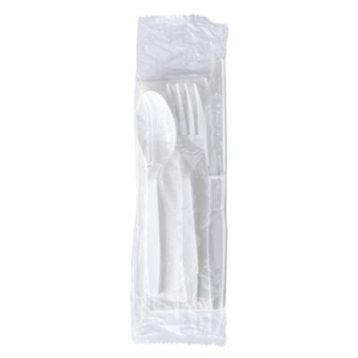 Four-Piece Polystyrene Cutlery Kit, Mediumweight, Fork/Knife/Napkin/Spoon, Plastic, White, 250/Carton