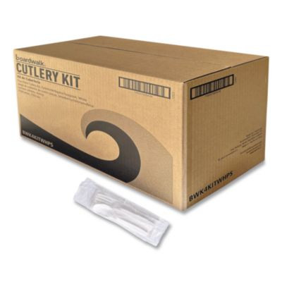 Four-Piece Polystyrene Cutlery Kit, Mediumweight, Fork/Knife/Napkin/Spoon, Plastic, White, 250/Carton