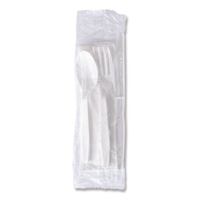 Four-Piece Polystyrene Cutlery Kit, Mediumweight, Fork/Knife/Napkin/Spoon, Plastic, White, 250/Carton