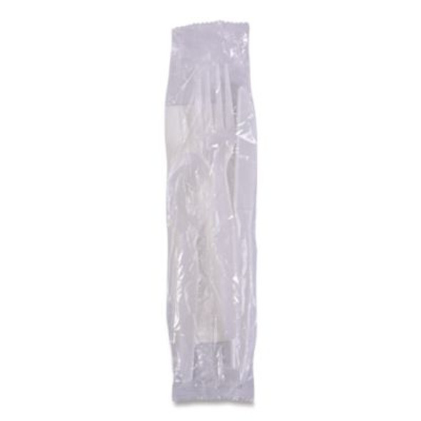 Four-Piece Cutlery Kit, Mediumweight, Fork/Knife/Napkin/Spoon, Plastic, White, 250/Carton