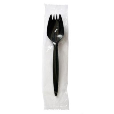 Mediumweight Wrapped Polypropylene Cutlery, Spork, Plastic, Black, 1,000/Carton