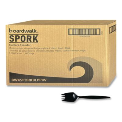 Mediumweight Wrapped Polypropylene Cutlery, Spork, Plastic, Black, 1,000/Carton