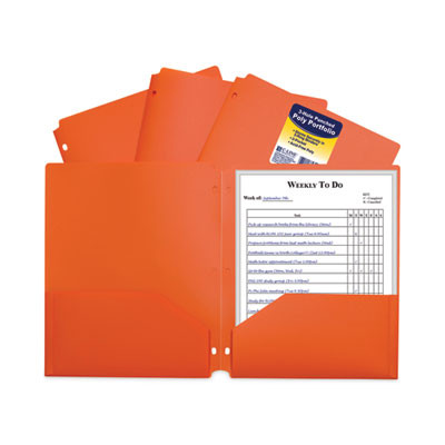 Two-Pocket Heavyweight Poly Portfolio Folder With Three-Hole Punch, Accommodates 11 x 8.5 Sheets, Orange, 25/Box