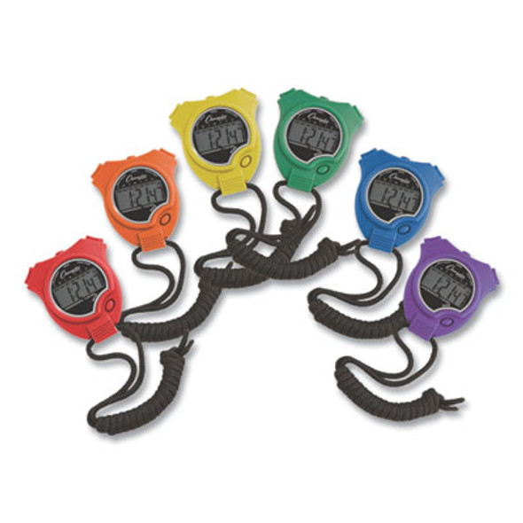 Water-Resistant Stopwatches, Accurate To 1/100 Second, Assorted Colors, 6/Box