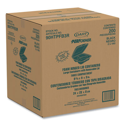 Insulated Foam Hinged Lid Containers, 3 Compartments, 9.01" x 9.4" x 3.1", Black, 200/Carton