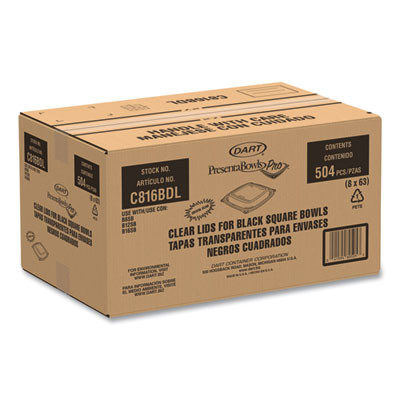 Presentabowls Pro Clear Square Lids For 8 Oz To 16 Oz Bowls, 5 x 5 x 1, Clear, Plastic, 63/Bag, 8 Bags/Carton