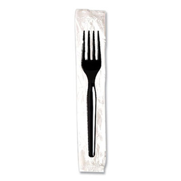 Individually Wrapped Mediumweight Polystyrene Cutlery, Fork, Plastic, Black, 1,000/Carton