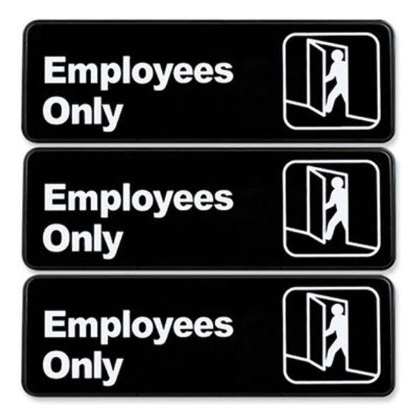 Employees Only Indoor/Outdoor Wall Sign, 9" x 3", Black Face, White Graphics, 3/Pack