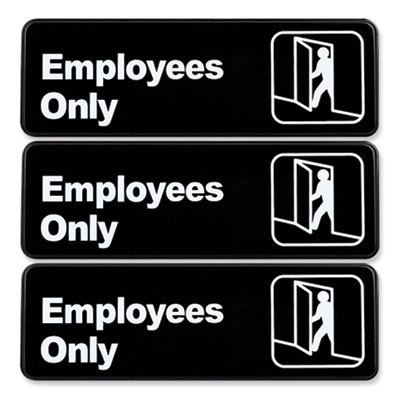 Employees Only Indoor/Outdoor Wall Sign, 9" x 3", Black Face, White Graphics, 3/Pack