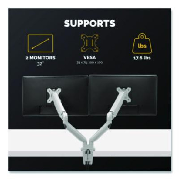 Platinum Series Dual Monitor Arm, For 40" Monitors, 360 Deg Rotation, 45 Deg Tilt, 180 Deg Pan, Silver, Supports 17.6 Lb