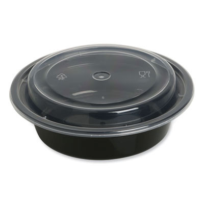Microwavable Food Container With Lid, Round, 16 Oz, 6.29 x 6.29 x 1.96, Black/Clear, Plastic, 150/Carton