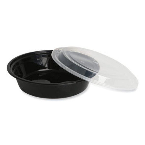 Microwavable Food Container With Lid, Round, 48 Oz, 8.85 x 8.85 x 2.24, Black/Clear, Plastic, 150/Carton