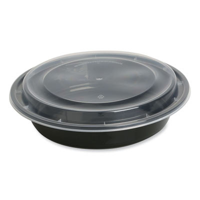 Microwavable Food Container With Lid, Round, 48 Oz, 8.85 x 8.85 x 2.24, Black/Clear, Plastic, 150/Carton