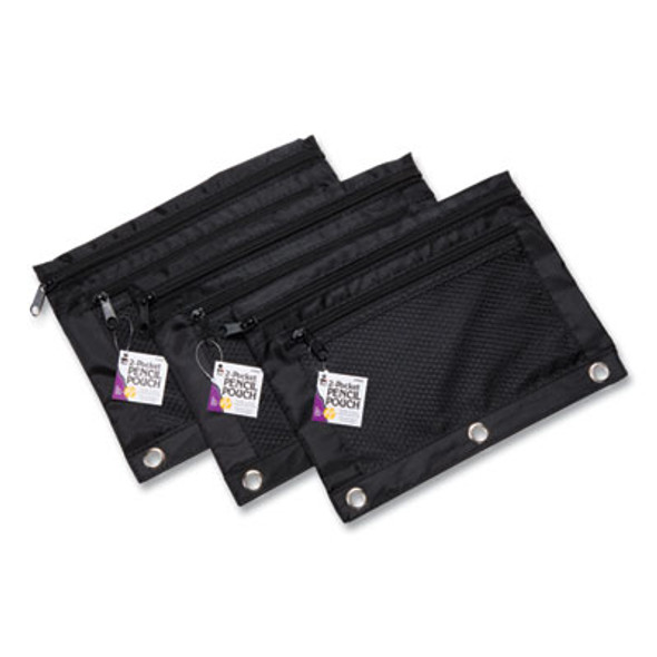 Two-Pocket Binder-Insertable Pencil Pouch With Mesh Front, 2 Compartments, 3-Hole Punched, 11" x 9", Black, 6/Pack