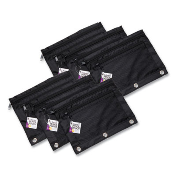 Two-Pocket Binder-Insertable Pencil Pouch With Mesh Front, 2 Compartments, 3-Hole Punched, 11" x 9", Black, 6/Pack