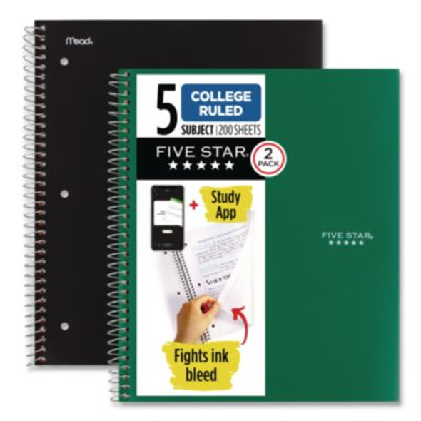 Wirebound Notebook, 5-Subject, Medium/College Rule, Assorted Cover Colors, (200) 11 x 8.5 Sheets, 2/Pack