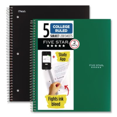 Wirebound Notebook, 5-Subject, Medium/College Rule, Assorted Cover Colors, (200) 11 x 8.5 Sheets, 2/Pack