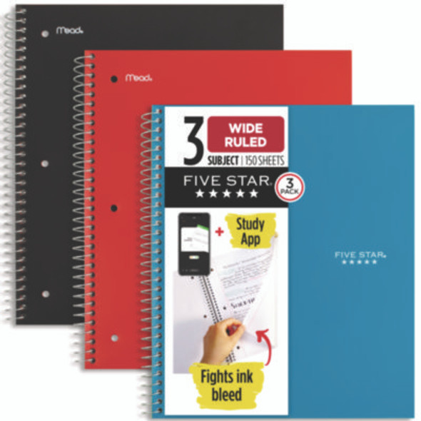 Wirebound Notebook, 3-Subject, Wide/Legal Rule, Assorted Cover Color, (150) 10.5 x 8.63 Sheets, 3/Pack