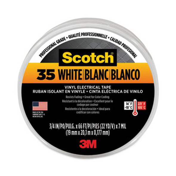 Scotch 35 Vinyl Electrical Color Coding Tape, 3" Core, 0.75" X 66 Ft, White