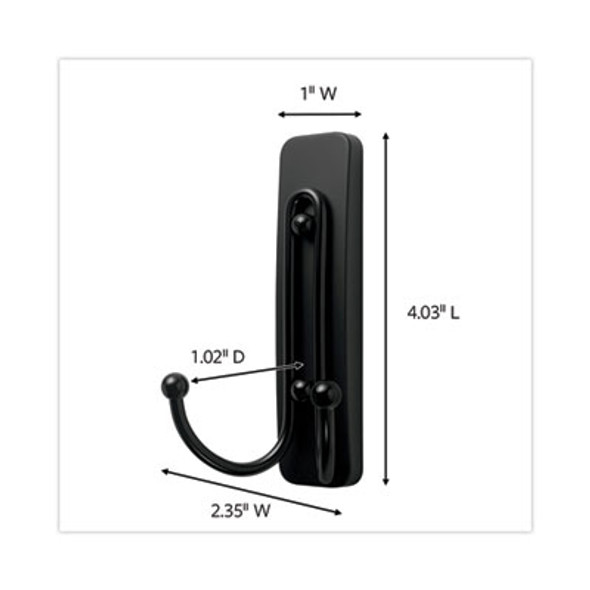 Adhesive Mount Metal Hook, Large, Double Hook, Matte Black Finish, 4 Lb Capacity, 1 Hook And 1 Strip/Pack