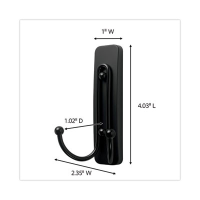 Adhesive Mount Metal Hook, Large, Double Hook, Matte Black Finish, 4 Lb Capacity, 1 Hook And 1 Strip/Pack