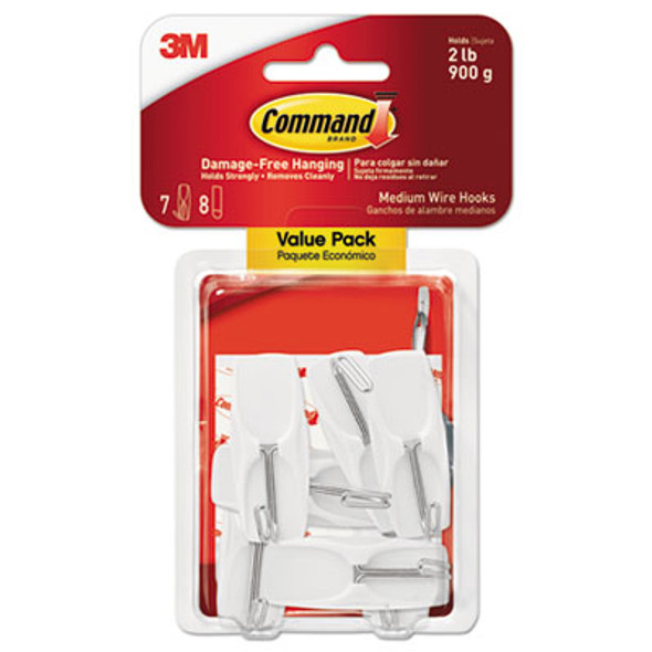 General Purpose Wire Hooks, Medium, Metal, White, 2 Lb Capacity, 7 Hooks And 8 Strips/Pack