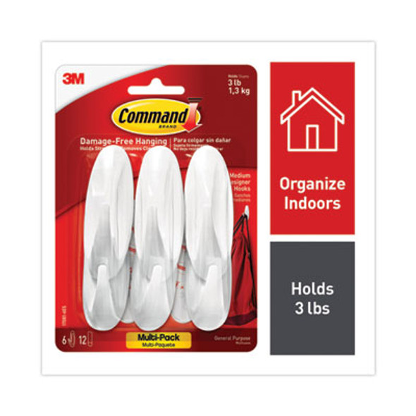 Designer Hooks, Medium, Plastic, White, 3 Lb Capacity, 6 Hooks And 12 Strips/Pack