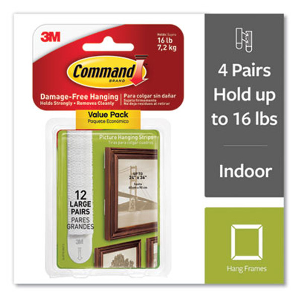 Picture Hanging Strips, Large, Removable, Holds Up To 4 Lbs Per Pair, 0.75 X 3.65, White, 12 Pairs/Pack