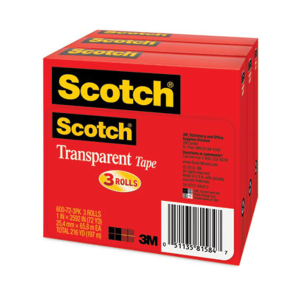 Transparent Tape, 3" Core, 1" x 72 Yds, 3/Pack