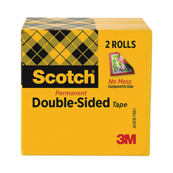 Double-Sided Tape, 3" Core, 0.5" X 36 Yds, Clear, 2/Pack
