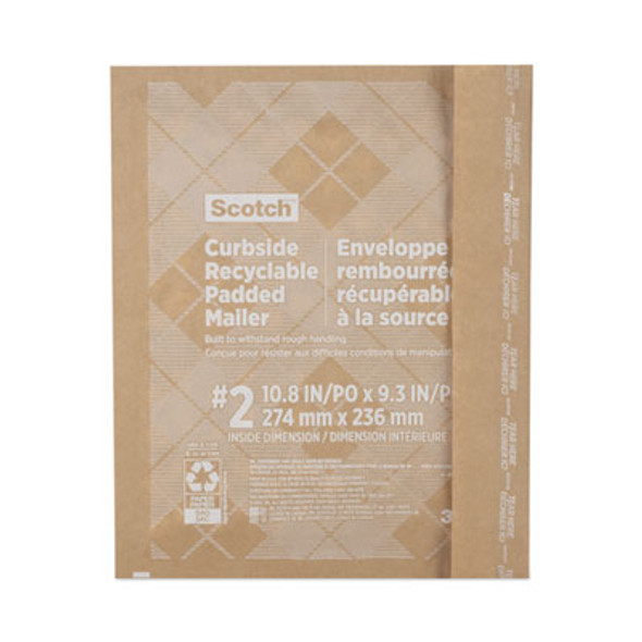 Curbside Recyclable Padded Mailer, #2, Bubble Cushion, Self-Adhesive Closure, 11.25 x 12, Natural Kraft, 100/Carton