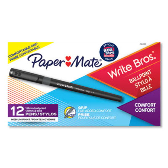 Write Bros. Grip Ballpoint Pen, Stick, Medium 1 Mm, Black Ink, Black Barrel, Dozen