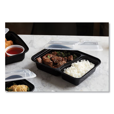 Newspring Versatainer Microwavable Containers, Rectangular, 2 Compartments, 30 Oz, Black/Clear, Plastic, 150/Carton