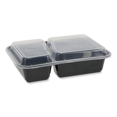 Newspring Versatainer Microwavable Containers, Rectangular, 2 Compartments, 30 Oz, Black/Clear, Plastic, 150/Carton