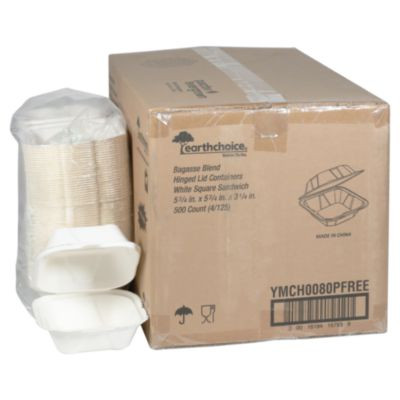 Earthchoice Pfas Free Compostable Hinged Lid Container, 6 x 6 x 3, Natural, Sugarcane, 500/Carton