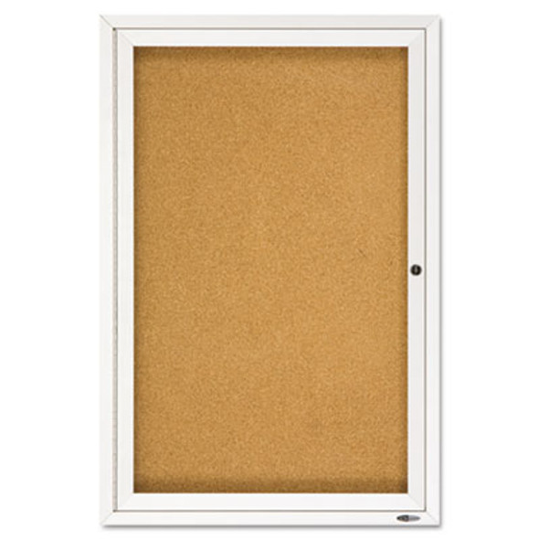 Enclosed Indoor Cork Bulletin Board With One Hinged Door, 24" x 36", Tan Surface, Satin Aluminum Frame