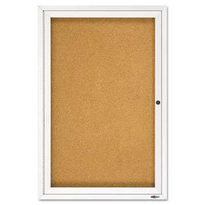 Enclosed Indoor Cork Bulletin Board With One Hinged Door, 24" x 36", Tan Surface, Satin Aluminum Frame