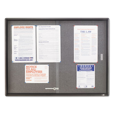 Enclosed Indoor Cork/Fabric Bulletin Board With 2 Sliding Glass Doors, 48" x 36", Gray Surface, Graphite Gray Aluminum Frame