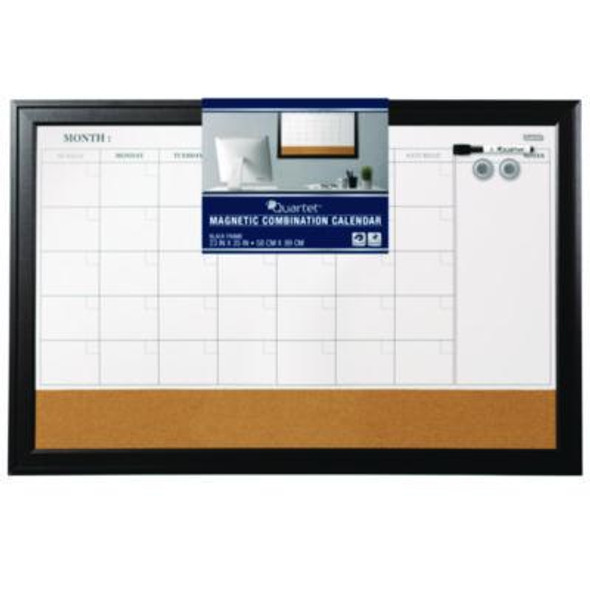 Magnetic Combination Board Calendar, Monthly Planning/Scheduling, 35" x 23", Tan/White Surface, Black Wood Frame