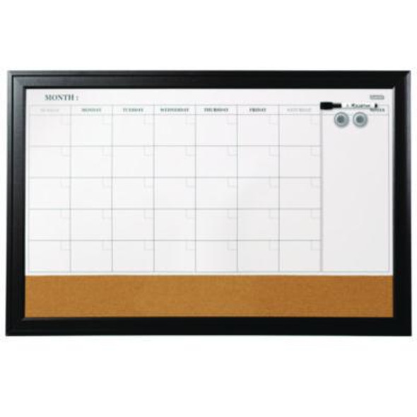 Magnetic Combination Board Calendar, Monthly Planning/Scheduling, 35" x 23", Tan/White Surface, Black Wood Frame