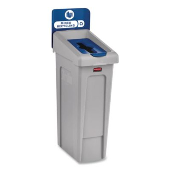 Slim Jim Recycling Station Kit, 1-Stream Mixed Recycling, 23 Gal, Plastic, Gray/Blue