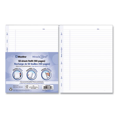 Ruled Paper Refill Sheets For All Miraclebind Notebooks And Planners, 9.25 x 7.25, White/Blue Sheets, Undated, 50/Pack