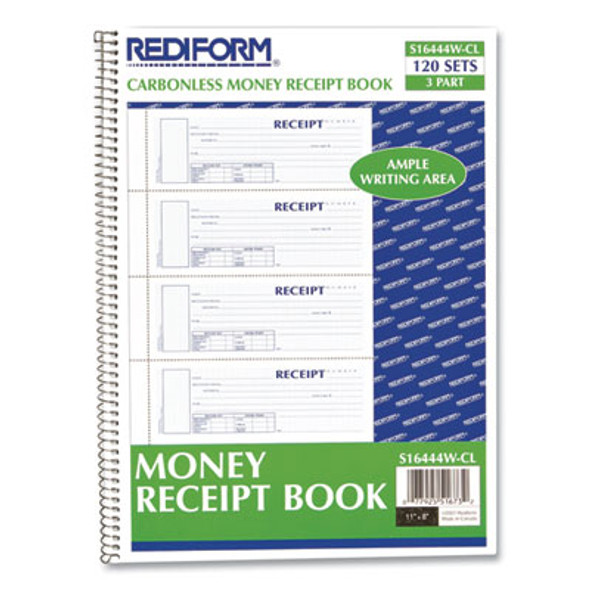 Spiralbound Unnumbered Money Receipt Book, Three-Part Carbonless, 7 x 2.75, 4 Forms/Sheet, 120 Forms Total